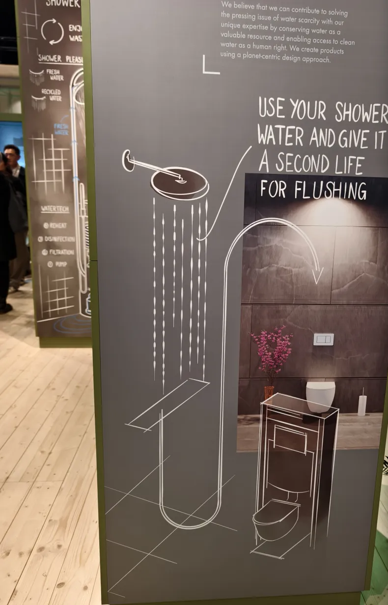 يقوم نظام إعادة التدوير الخاص بشركة Hansgrohe بجمع وتصفية المياه من الدش لإعادة استخدامها في تنظيف المرحاض