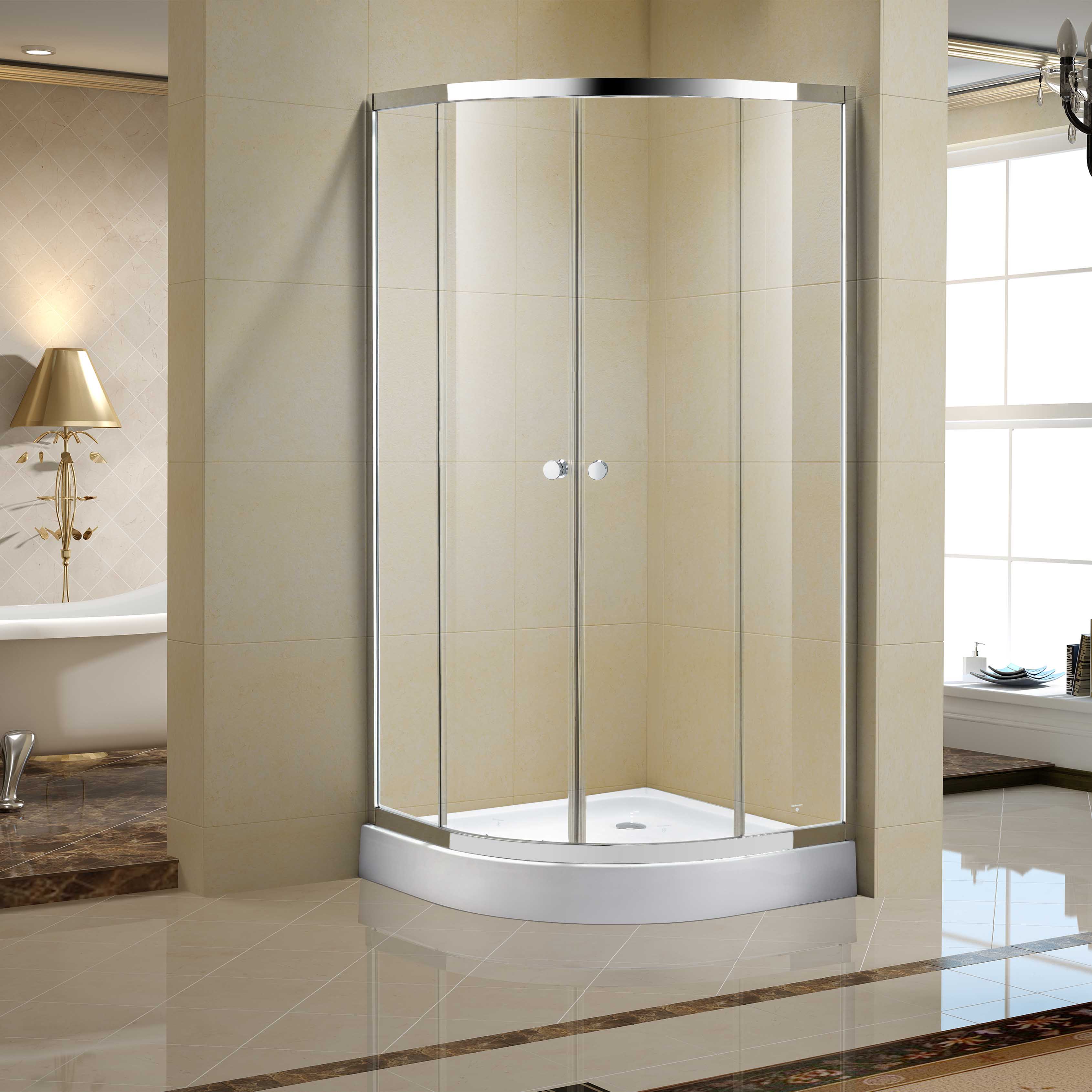 Cabine de douche en verre trempé à porte coulissante en quart de cercle chromée