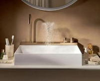 Hansgrohe’s Avalegra basin faucet integrated solution features a rain shower-style water flow