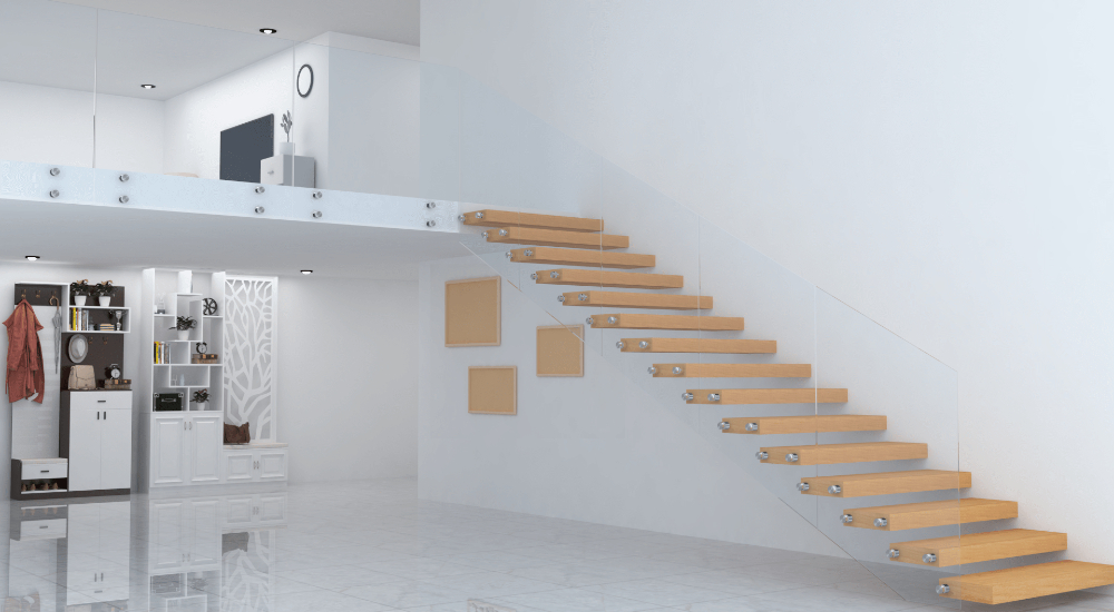 Floating staircase at home glass railing