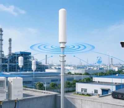 Fiberglass omni antenna deployed in industrial park for IoT wireless communication infrastructure