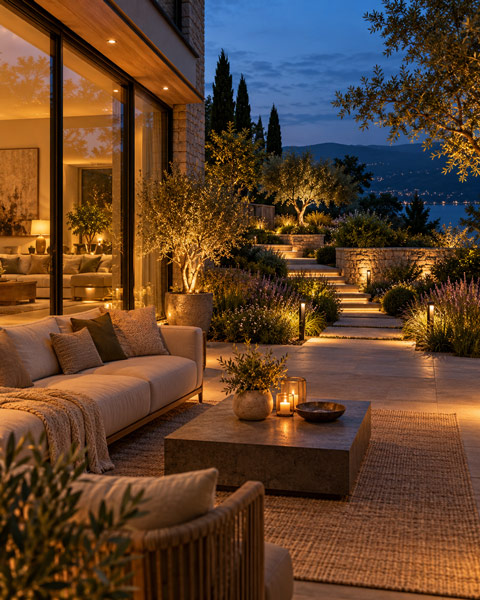 2700K vs 3000K landscape lighting on a modern garden patio at dusk
