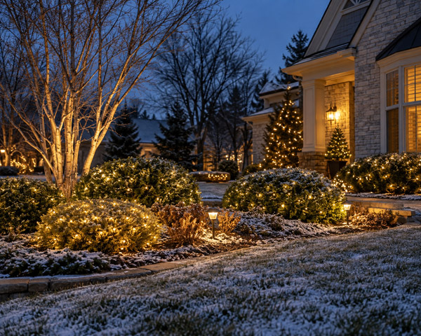 Holiday lights on shrubs and hedges