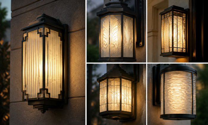 Art Deco garden light with patterned frosted glass