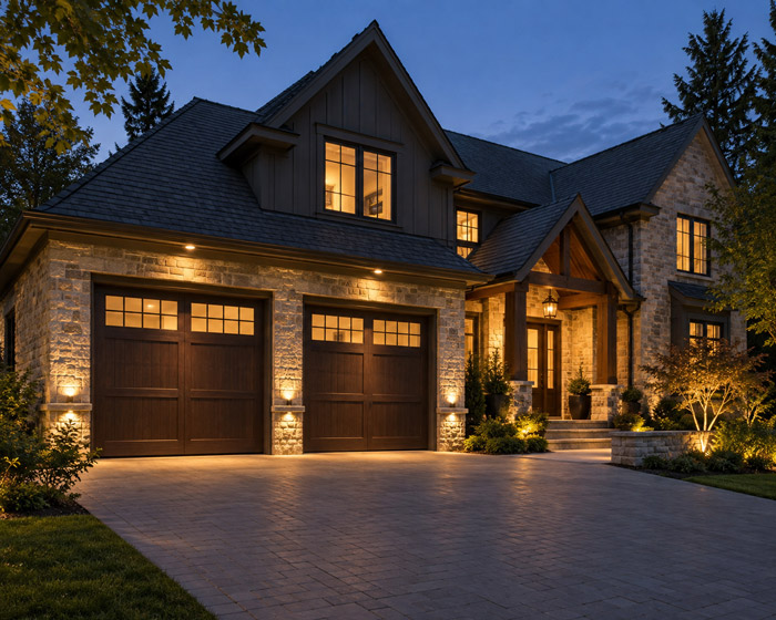 Balanced soffit lighting around garage doors