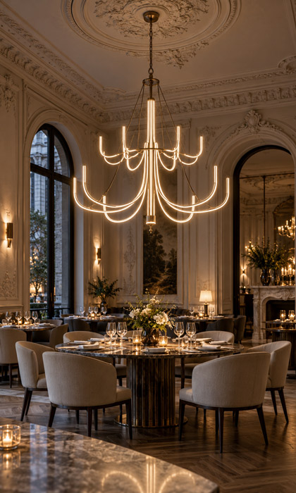 Classic chandelier silhouette recreated with neon lighting