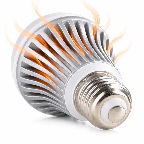 Close-up of an LED bulb’s metal heat sink and cooling fins