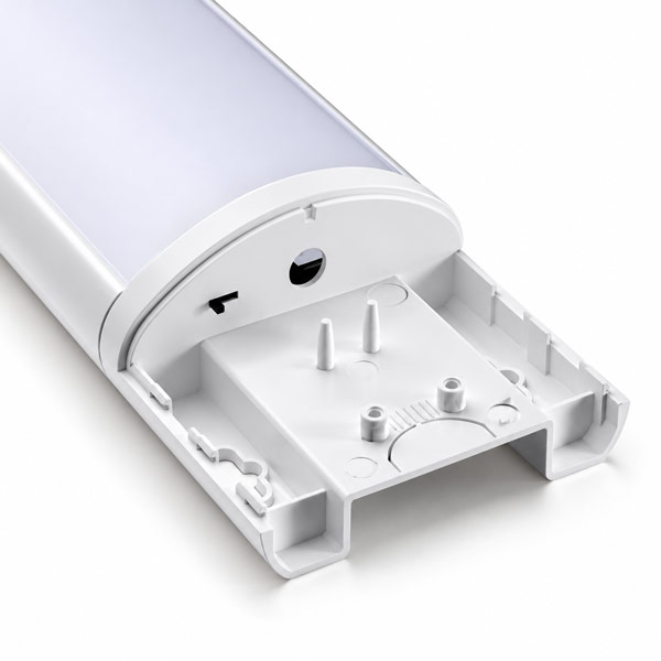 Close-up of the inner face of a linear LED light fixture