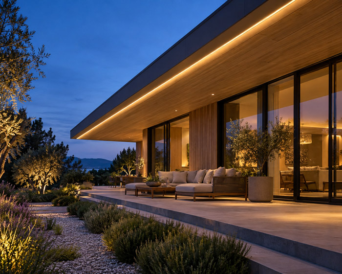 Concealed linear lighting beneath long eaves