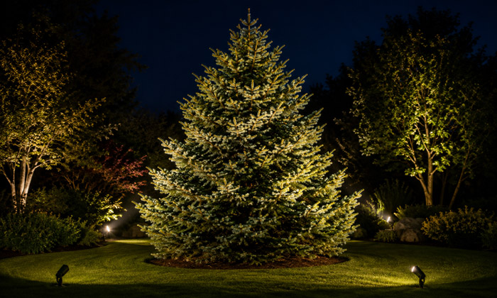 Cross-lighting an evergreen tree