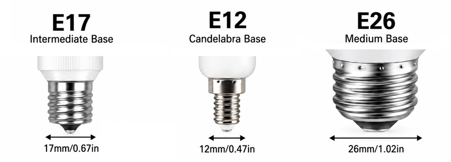 E12, E17, and E26 screw bulb bases compared