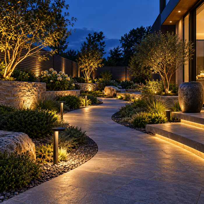 Realzar la estructura visual del jardín con iluminación