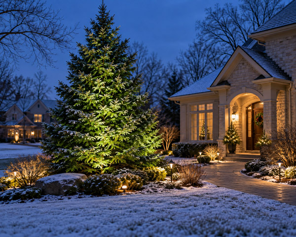 Evergreen tree illuminated with seasonal color