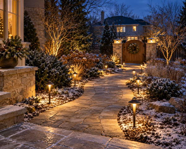 Festive stake lights along a garden pathway