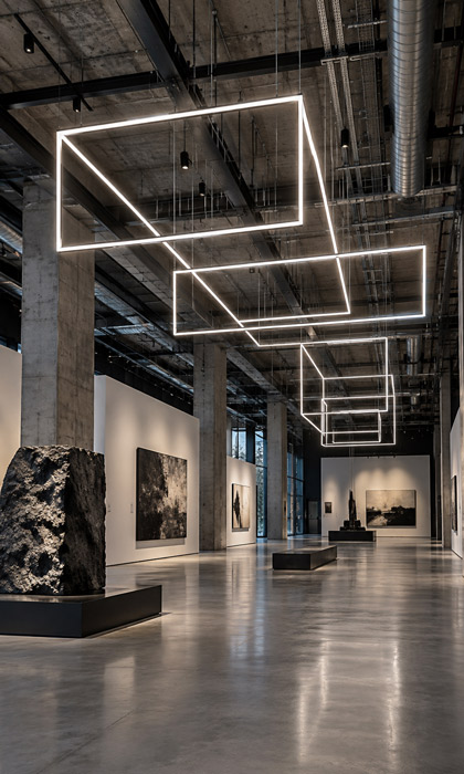 Geometric neon frame chandelier installation