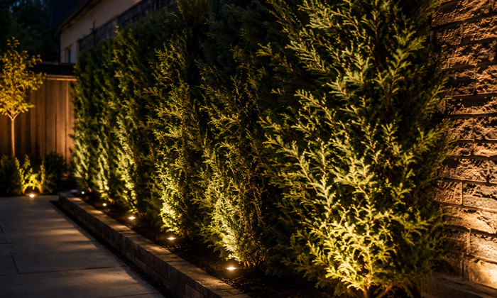 Grazing lighting on evergreen shrubs
