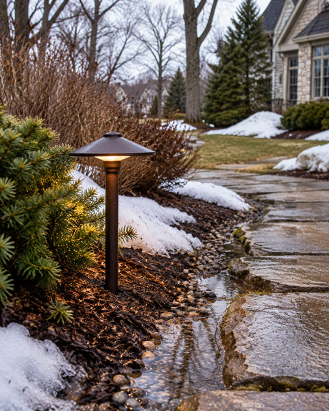 Ground-mounted landscape light beside path with drainage
