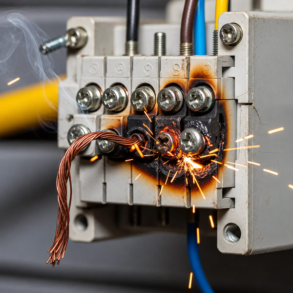 Heat-damaged electrical terminal with charred insulation and exposed copper conductors.