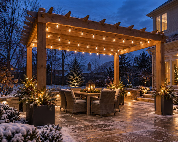 Holiday lights around a pergola seating area