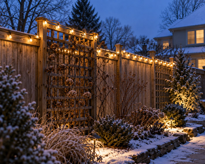 Holiday lights on a garden fence and trellis
