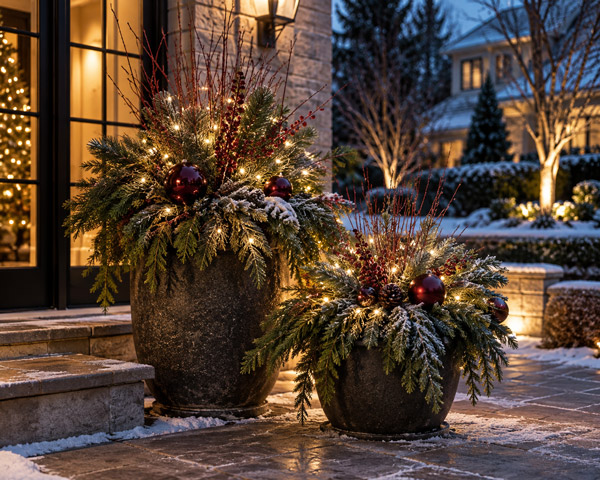 Holiday winter planters with lights