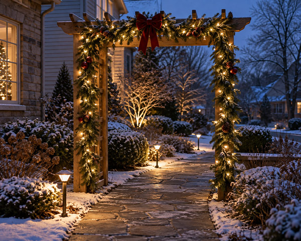 Holiday lights decorating a garden arbor
