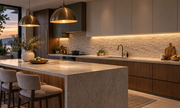 Kitchen with textured backsplash