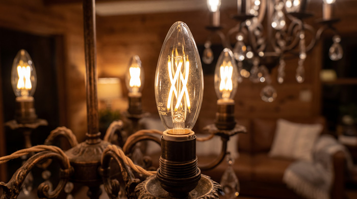 LED filament candelabra bulb close-up