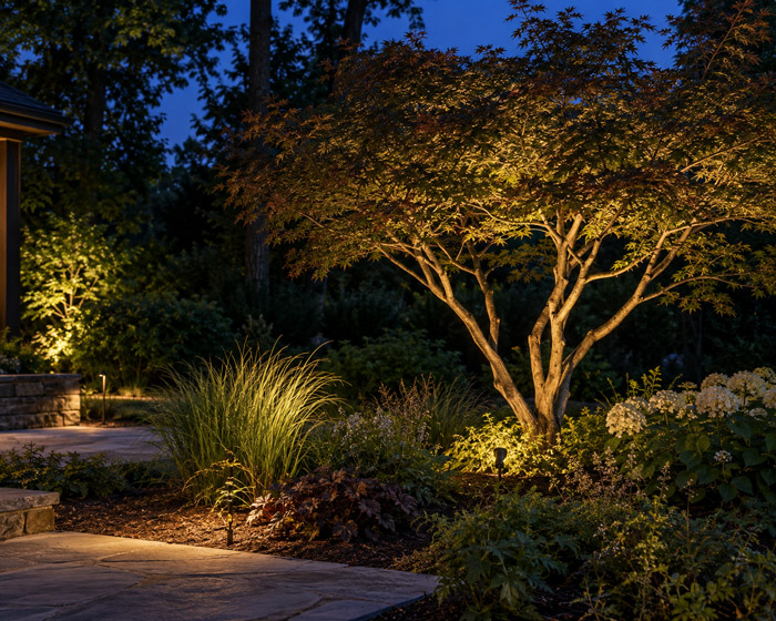 Landscape lighting for trees and garden beds