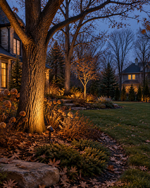 Landscape lighting on bare trees with controlled light near windows