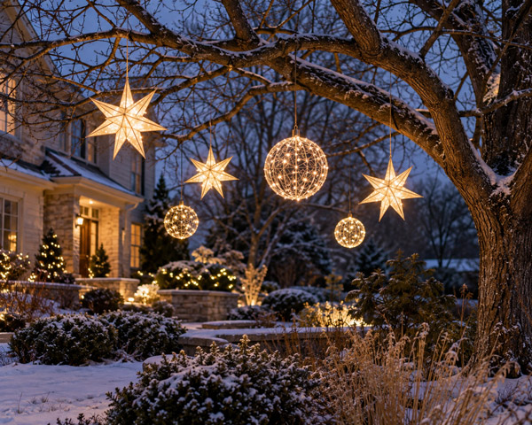 Lighted stars and spheres hanging from tree branches