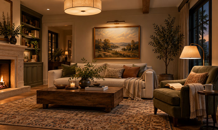 Living room with reading corner and artwork