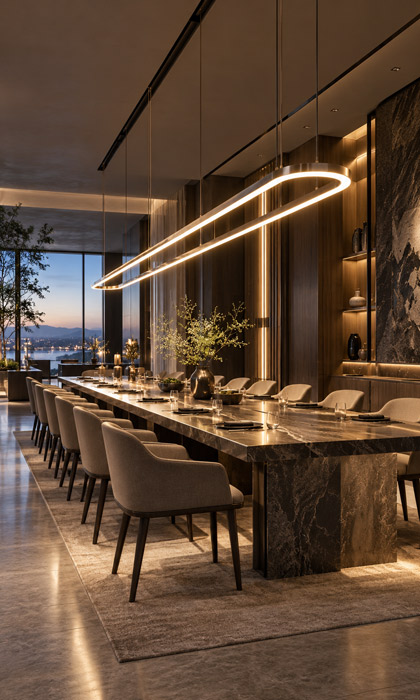 Long linear neon chandelier over dining table