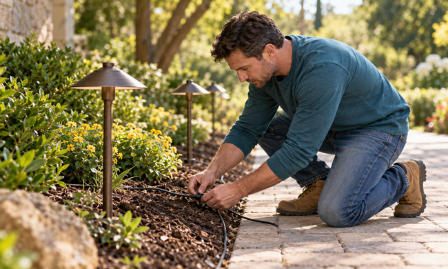 Low-voltage landscape lighting installation beside a garden walkway