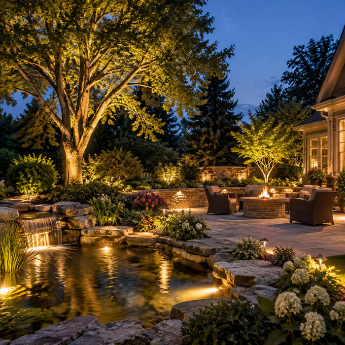 Modern garden accent lighting highlighting trees and landscape features