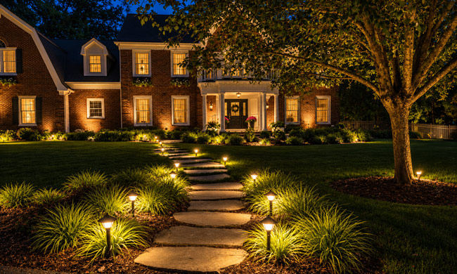 Nighttime outdoor lighting illuminating a residential walkway and house facade