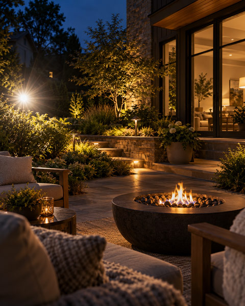 Outdoor landscape lighting glare from an exposed spotlight on a residential patio