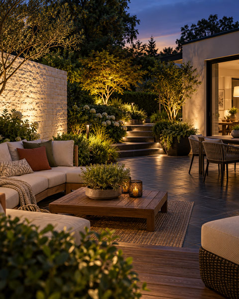 Outdoor landscape lighting on stone walls