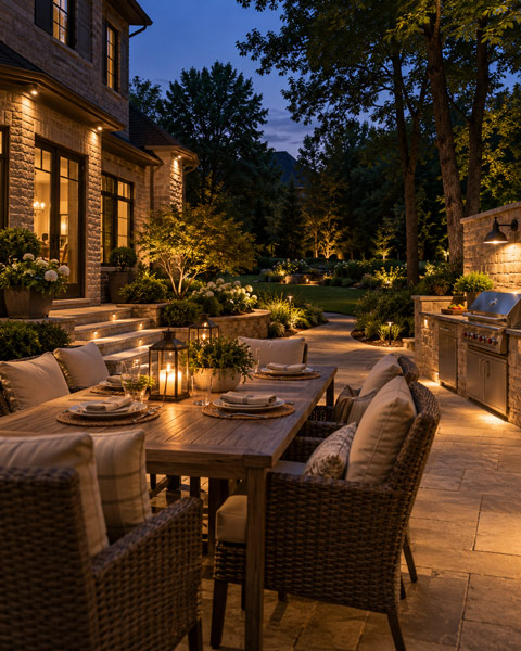 Outdoor patio lighting with dining table