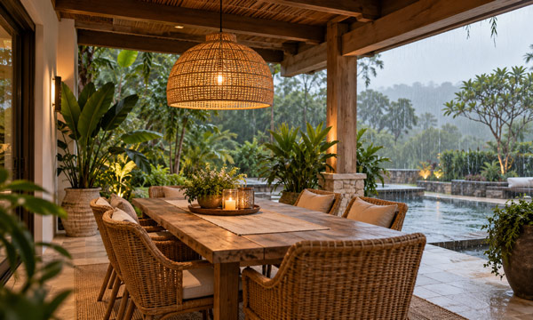 Outdoor rattan pendant light for a covered patio