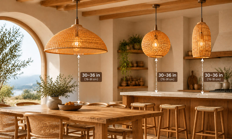 Rattan pendant light hanging height