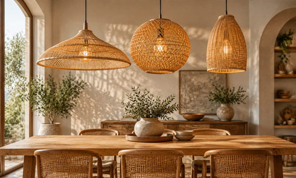 Rattan pendant lights in different sizes above a wooden dining table