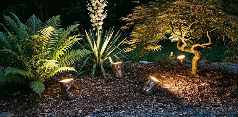 Recycled can uplights for plant accents