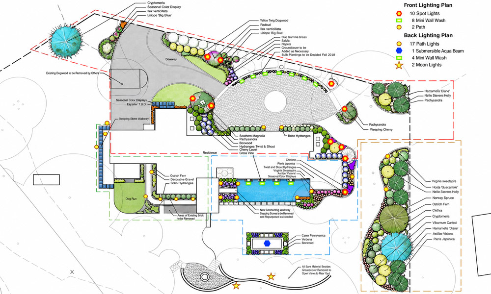 Residential landscape lighting plan showing fixture locations and coverage areas