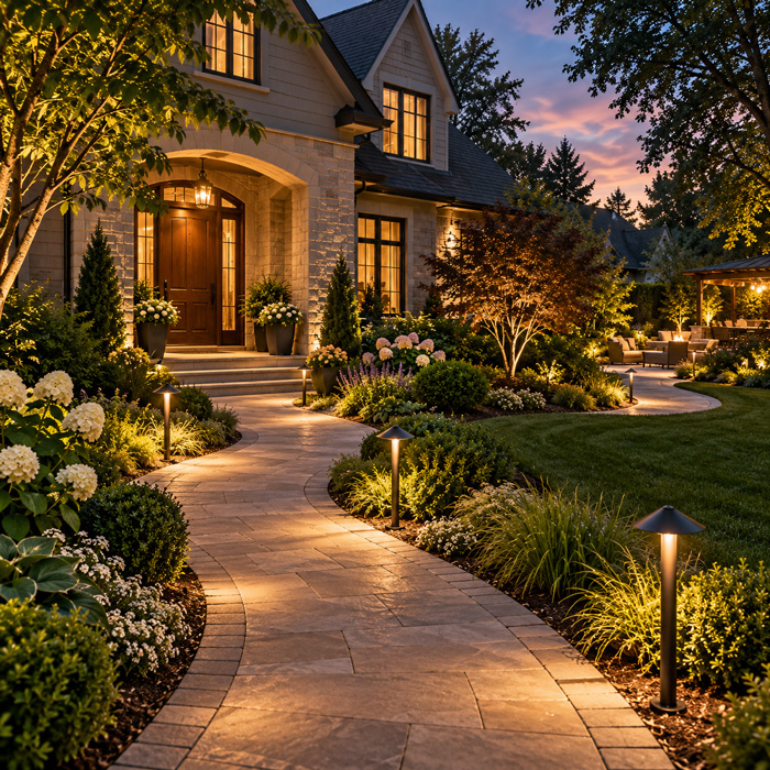 Residential pathway lighting illuminating garden walkway at night