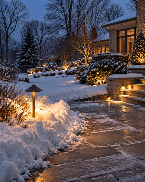 Snow-covered yard with pathway lighting and snow-clearing areas