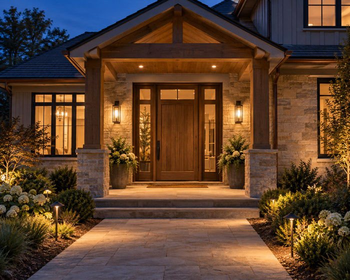 Soffit lighting at a front entrance