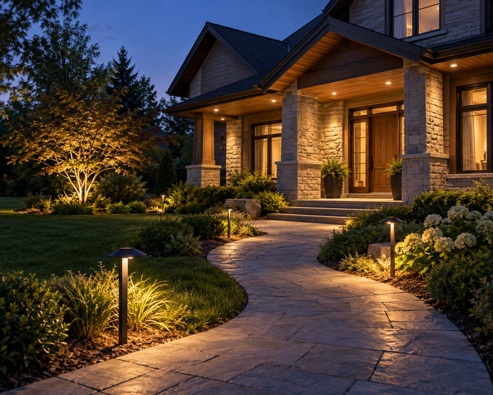Soffit lighting combined with landscape lighting