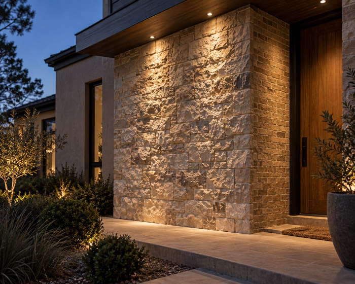 Soffit lighting highlighting brick and stone