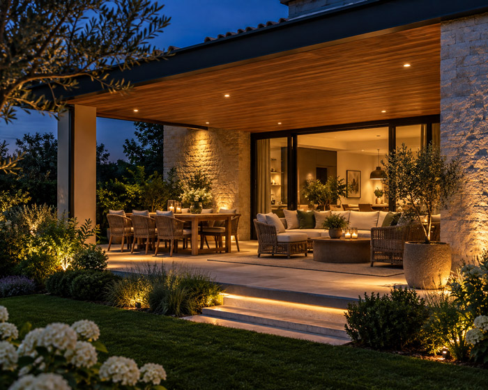 Soft soffit lighting on a covered patio